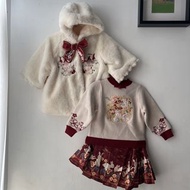 （90cm）女童 中式套裝  冬季 加絨加厚 東方馬面裙 旗袍 立領國風毛衣 兒童衣服 二手衣服 小朋友二手衫 兒童短裙 大蝴蝶结 毛绒外套 中式福兔刺绣上衣
