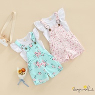 B930G-Little Girls 2PCS Pants Set  Fly Sleeve Plain O-Neck T-Shirt  Floral Patterns Copper Buttons S