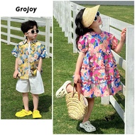 ((Ready Stock) Children's Floral Clothing 2026 Boys Short-Sleeved Shirt Suit+Girls Dress [Grojoy] GC