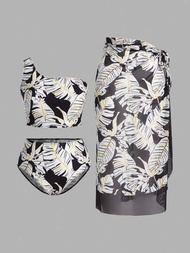 SHEIN Swim Oasis 加大尺碼女性度假熱帶植物印花一字肩無袖上衣和三角比基尼套裝，附遮陽裙