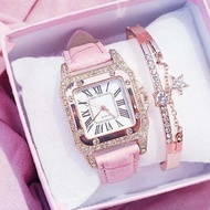 Kegllect Women Fashion Watch Bracelet Set Square Starry Quartz Watches Luxury Diamond PU Leather Strap Casual Ladies Wristwatches Jam tangan wanita