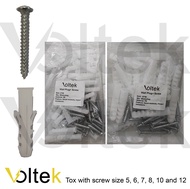 Tox with screw or tox only wall plug plastic size 5, 6, 7, 8, 10 and 12 white plastic tox w/ screw