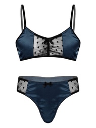Agoky Men's 2 Piece Shiny Stain Lace Trimming Bra and Panty Set Sissy Underwear Lingerie