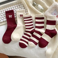 Angola Red Bow Wine Red Female Mid-Tube Stripes Spring Autumn Angola Style Casual Cotton Socks
