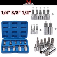 10pcs 1/4" 3/8" 1/2" Auto Repair Tools M-type 12 Point Hex Square Spline Socket Screwdriver Bit Set 
