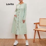 Lovito Plain V Neck Pocket Long Sleeve Dress L20D045 (Green)