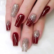 Set Wine Red Long Ballet Fake Nails Gold Glitter Art Gradient Stick Nails Press Acrylic J9a5