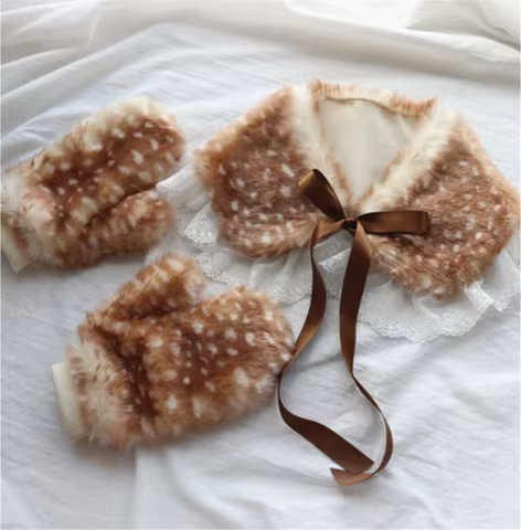 Lolita Plush Gloves Winter Antler Deer Printing Elk And Fawn Gloves D1653