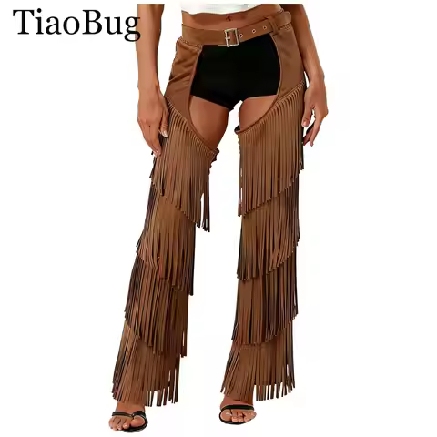 Women Cowboy Chaps Pants Tassel Vintage Western Cowgirl Open Crotch Pants Fringe Western Motorcycle 