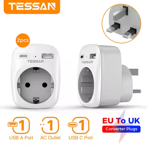 TESSAN 2PCS EU To UK Travel Adapter with Outlet USB A & Type C Portable Wall Socket for UK Ireland S