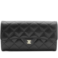 Chanel Black Quilted Caviar Classic Long Flap Wallet Gold Hardware, 2023