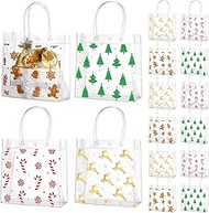 Zhanmai 24 Pcs Christmas Plastic Gift Bags with Handle Reusable Clear Gift Wrap Tote Bag Xmas Tree Gingerbread Candy Reindeer Transparent PVC Party Favor Bags for Christmas, 8 x 8 x 3.15 Inches