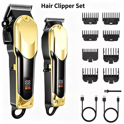 Cordless Barber Hair Clipper Kit LCD Display Stainless Blade Men Fading Beard T-Outline Trimmer Salo