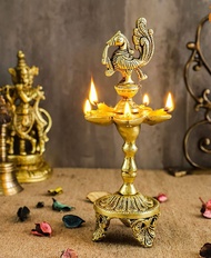 Brass Handmade Peacock Over Ethnic Carved Legs Five Oil Wick Brass Diya (Length: 3.5 inches (8.7 cm)