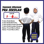 UNIFORM PRA SEKOLAH T-SHIRT PUTIH BUDAK TRACK BOTTOM PRA SEKOLAH PAKAIAN RASMI TADIKA SUKAN KANAK KA