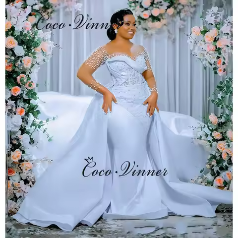 Customized Pearls Beaded Luxury Satin 2-IN-1 Wedding Dress 2026 Full Sleeves Mermaid Wedding Dresses