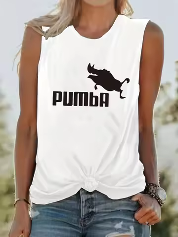 Women's Summer PUMBA letter Print Large Casual Round Neck Sleeveless Loose Tank Top T-shirt