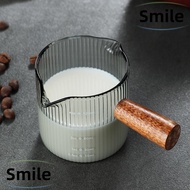 SMILE Milk Cup, Glass Gray Espresso Cup, Easy to Clean Multipurpose Vertical Grain with Wood Handle Measuring Cup Milk Espresso Shot