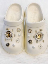 新款時尚設計水晶珍珠香水瓶裝飾,適用於鞋孔diy,3d可拆式珍珠鞋扣套裝,12款配件,黑白雪花系列