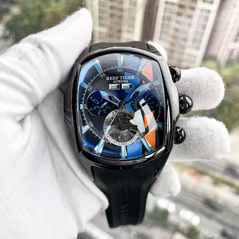 Reef Tiger Men's Tank-track Black Case Sport Watches Multifunctional Completed Calendar Rubber Lumin