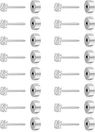 8 Pairs FlatBack Threadless Tiny Stud Earrings for Women Men 316L Stainless Steel Cubic Zirconia Pus