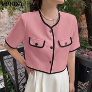 MASHYCHIC VONDA ผู้หญิงสง่างามสั้น Sleveed เสื้อมีกระดุมอารมณ์เสื้อยืดคอกลมเสื้อตรงข้าม (ลำลองเกาหลี) [ลดล้างสต๊อก]