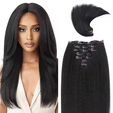 12 Inch - 26 inch 7 Pcs Yaki Kinky Straight Clip In Hair Extensions Black Hair y2k Seamless Clip Ins