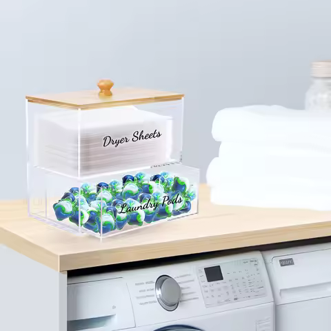 Acrylic Laundry Pods Organizer Double Layer Acrylic Storage Box with Bamboo Lid Dryer Sheets Contain