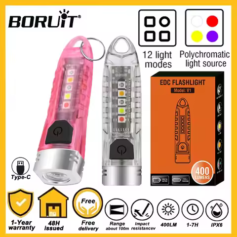 BORUiT V1 Mini Keychain Flashlight Small EDC Spotlight Type-C Rechargeable Torch UV Light Emergency 