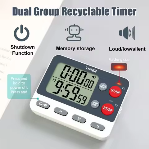 Dual Groups Digital Kitchen Timer Cycle Timing Count UP/Down Timer 3 Storage Memories Mute Flashing 