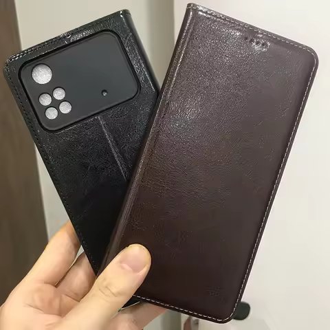 Magnet Genuine Leather Skin Flip Wallet Book Phone Case Cover On For Pocco Poco M4 Pro NFC 4G 5G Glo