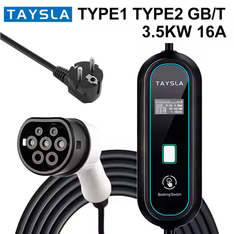 TAYSLA 3.5kW 16A Portable EV Charger Type 2 Type 1 J1772 3.5M Cable AC 80-260V EU Plug Adjustable 8A