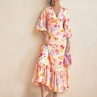 Váy Maxi Tay Giám Mục Cổ Chữ V In Hoa Hồng Váy Mùa Hè Thường Ngày, Váy Đi Nghỉ, Màu Pastel, Váy Dạ H