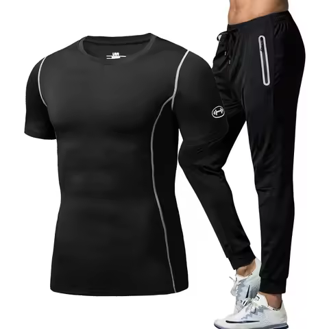 Men's Camping Outfit 2-Piece Set Short Sleeve T-Shirt And Long Pants with Pockets Breathable Absorbe