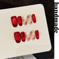 Press on nails handmade [Red Makeup Flower Vine] Red Rhyme Golden Branches handmade Wear nails Brigh