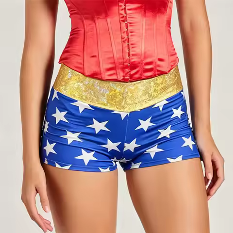 Womens Wonder Cosplay Shorts Blue White Star Print Hot Pants Gold Sequin Waistband Superhero Costume