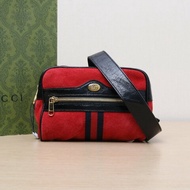 GUCCI 紅色麂皮金扣Ophidia腰包前拉鏈肩背包