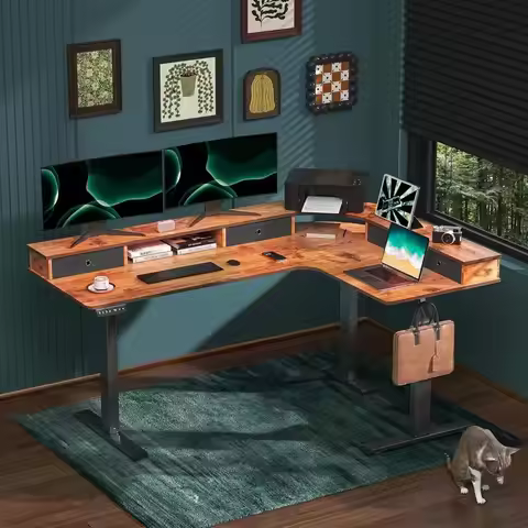 67 L-Shaped Electric Desk with Drawers, Monitor Stand, Ergonomic Design, 330 lbs Capacity, Retro Bro