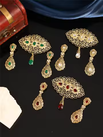 Moroccan Bride Wedding Jewelry Set, 1 Hollowed-Out Engraved Lady's Brooch, 1 Pair of Teardrop-Shaped