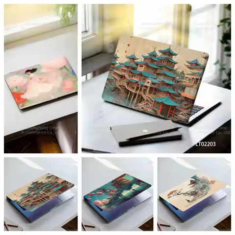 Oriental Building Art Laptop Stickers 2PCS Hand-Painted Chinese Pavilion & Temple Design Waterproof 