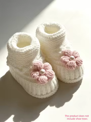 1 Pair Crochet Baby Booties, White with Pink Crochet Flower and Pearl Detail, Newborn Girl Shoes