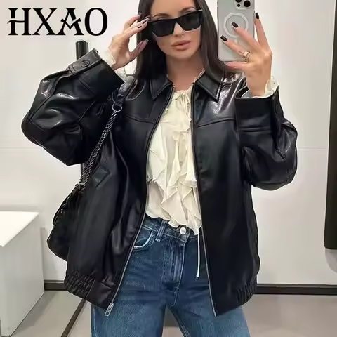 HXAO Women's Jackets Cropped Faux Leather Jacket Women Autumn Long Sleeve Black Bomber Jackets Fashi