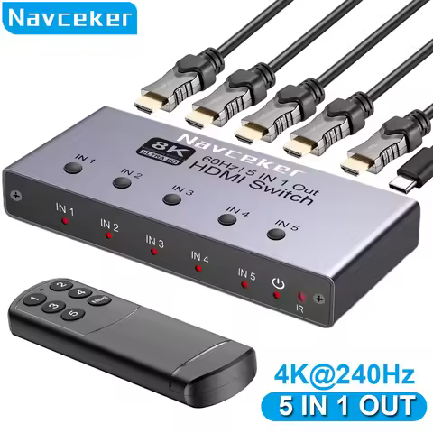 Navceker 8K HDMI 2.1 Switch Splitter 4K 240Hz 5 Port HDMI 2.1 Switcher with remote 5 In 1 Out for PS