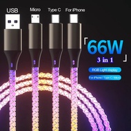 6A ECILY 66W ไฟ RGB ที่ชาร์จไฟรวดเร็ว USB ประเภท C Huawei สายเคเบิ้ลสำหรับ Samsung Xiaomi OPPO อุปกรณ์เสริมโทรศัพท์สายชาร์จรถ