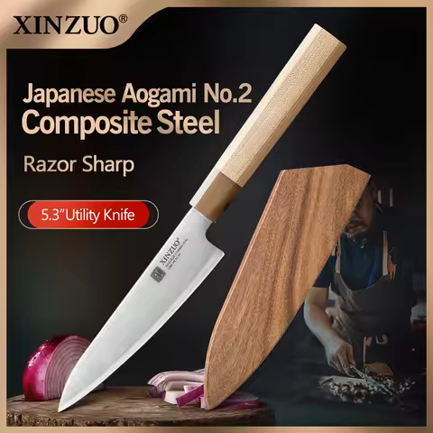 XINZUO 5.28 Inch Utility Knife Sanyo Riki Aogami No.2 Steel 62-64 HRC Maple Wood Buffalo Horn Handle
