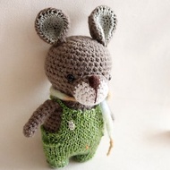 毛線娃娃 手作玩偶 羊毛氈 草綠色吊帶褲圍巾寵物 棕色兔子