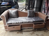 (( Cod )) Sofa lige rotan sintetis motif pinggir putih Free jok dudukan & bantal