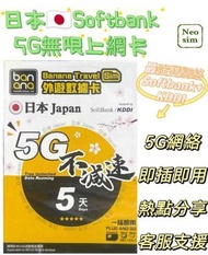 Banana 日本 真•無限上網【5日全程 5G不限速】雙網絡 Softbank+KDDI 極高速 無限數據卡 上網卡 電話卡 旅行電話咭 Data Sim咭