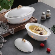金邊河豚餐具橢圓形湯盤可加熱帶蓋湯盅海參盅魚翅燕窩雪蛤魚膠碗