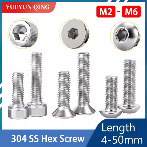 M2 M3 M4 M5 M6 Hex Socket Screw 304 Stainess Steel Metal Machine Screws Motorcycle Bolts DIN912 DIN7